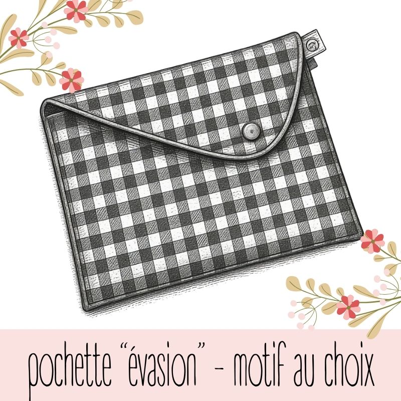 Élégante et pratique, la pochette évasion vous permet de glisser tout vos objets pour un divertissement assuré. Tablette, livres, carnets d'écriture...
Aucun motif ne vous plaisait dans les créations déjà en stock ? Alors vous êtes sur la bonne page.
Ici vous pouvez choisir votre tissu à motifs et le coton intérieur afin de créer une pochette vraiment unique. Le passepoil sera assorti aux motifs choisis, argenté ou doré.
Pour plus de détails sur les tissus disponibles rendez-vous sur la tissuthèque.